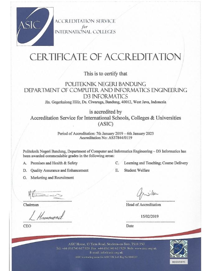 Akreditasi ASIC - D3 Teknik Informatika, JTK POLBAN